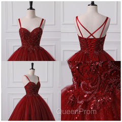 Burgundy Bling Tulle Ball gowns Long Evening Prom Dresses with Embroidered Sequins