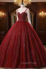 Burgundy Bling Tulle Ball gowns Long Evening Prom Dresses with Embroidered Sequins