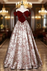 Burgundy Bow Velvet Off the Shoulder Beading Evening Prom Dresses