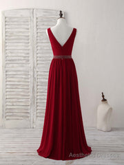 Burgundy Chiffon V Neck Beads Long Prom Dress Burgundy Evening Dress
