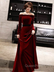 Burgundy Classic Evening Dresses Velvet Long Sleeve Off Shoulder Evening Prom Dresses