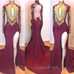 Burgundy Gold Appliques Long Sleevess Side Slit Open Back Mermaid Evening Prom Dresses