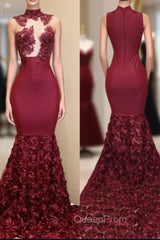 Burgundy Gold Appliques Long Sleevess Side Slit Open Back Mermaid Evening Prom Dresses