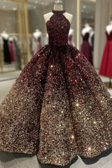 Burgundy Gold Sequins Halter Evening Prom Dresses