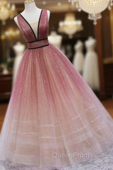 Burgundy Gradient Tulle Long Evening Dresses, A-Line V-Neck Graduation Party Dresses