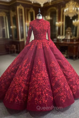 Burgundy High Neck Long Sleeve Appliques Evening Prom Dresses
