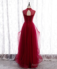 Burgundy High Neck Tulle Sequin Beads Long Evening Dresses