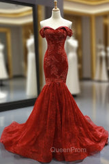 Burgundy Lace Mermaid Off The Shoulder Evening Prom Dresses With Beading