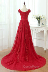 Burgundy Lace Evening Prom Dresses with Train, Wine Red Lace Formal Evening Dresses