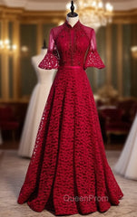 Burgundy Lace Short Sleeve Handwork Beading Evening Prom Dresses