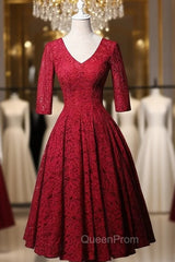 Burgundy Lace Short Sleeve V-neck Short Evening Prom Dresses