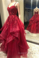 Burgundy Lace Tulle Layers Long Evening Prom Dresses, A-Line Evening Party Dresses