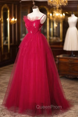 Burgundy Layered Tulle Long Evening Prom Dresses, Wine Red Long Evening Dresses