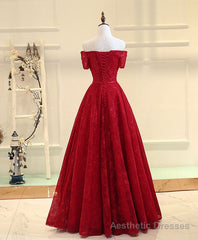 Burgundy Line  Lace Long Prom Dress, Burgundy Evening Dress