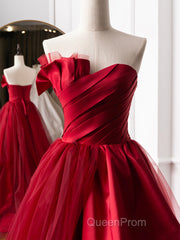 Burgundy Long Evening Prom Dresses, Burgundy Satin Formal Long Evening Dresses