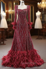 Burgundy Long Sleeve Square Beading Evening Prom Dresses
