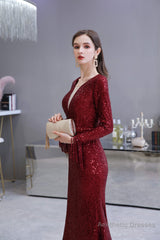 Long Sleeve V Neck Floor Length Crystal Beaded Sequins Mermaid Prom Dresses