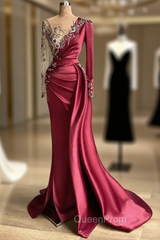 Burgundy Long Sleeves Mermaid Evening Prom Dresses With Beadings