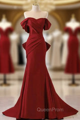 Burgundy Memraid Off the Shoulder Bow Evening Prom Dresses