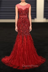 Burgundy Mermaid Beading Sequins Feather Evening Prom Dresses