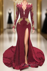 Burgundy Mermaid Deep V-neck Long Sleeve Backless Evening Prom Dresses