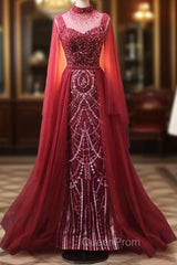 Burgundy Mermaid High Neck Beading Evening Prom Dresses