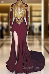 Burgundy mermaid High Neck Long Sleeve Appliques Evening Prom Dresses