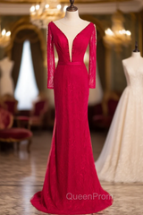 Burgundy Mermaid Lace Long Sleeve Beading Evening Prom Dresses