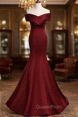 Burgundy Mermaid Long Evening Prom Dresses, Off the Shoulder V-Neck Evening Dresses