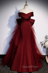 Burgundy Mermaid Long Evening Prom Dresses, Off the Shoulder V-Neck Evening Dresses