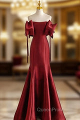 Burgundy Mermaid Satin Off the Shoulder Evening Prom Dresses