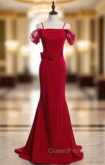 Burgundy Mermaid Satin Spagehtti Straps Evening Prom Dresses With Sash
