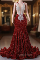 Burgundy Mermaid Sequins Appliques Backless Evening Prom Dresses