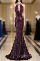 Burgundy Mermaid Sequins Beading Backless Evening Prom Dresses