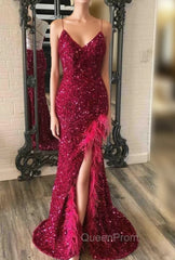 Burgundy Mermaid Sequins Feather Split Evening Prom Dresses