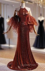 Burgundy Mermaid Sequins Halter Evening Prom Dresses