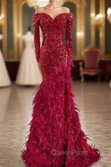 Burgundy Mermaid Sequins Off the Shoulder Long Sleeve Feather Evening Prom Dresses