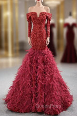 Burgundy Mermaid Sequins Off the Shoulder Long Sleeve Evening Prom Dresses With Feather