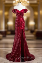 Burgundy Mermaid Sequins Pleats Split Evening Prom Dresses