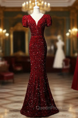 Burgundy Mermaid Sequins Puff Sleeve Evening Prom Dresses