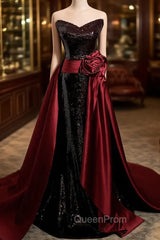 Burgundy Mermaid Sequins Satin Evening Prom Dresses