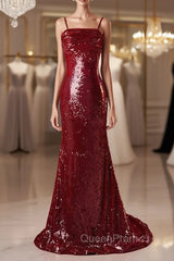 Burgundy Mermaid Sequins Spaghetti Straps Evening Prom Dresses