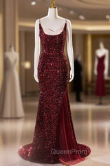 Burgundy Mermaid Sequins Spaghetti Straps Evening Prom Dresses