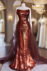 Burgundy Mermaid Sequins Strapless Pleats Evening Prom Dresses