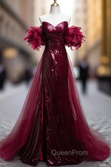 Burgundy Mermaid Sequins Strapless Evening Prom Dresses With Detachable Train