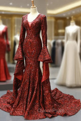 Burgundy Mermaid Sequins V-neck Flare Sleeve Backless Evening Prom Dresses