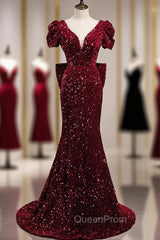 Burgundy Mermaid Sequins V-neck Evening Prom Dresses With Bow