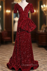 Burgundy Mermaid Sequins V-neck Evening Prom Dresses