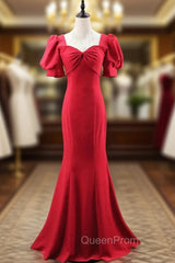 Burgundy Mermaid Square Short Sleeve Evening Prom Dresses