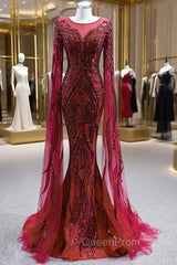 Burgundy Mermaid Tulle Sequins Long Sleeve Evening Prom Dresses